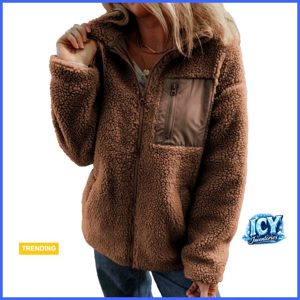 Women's Fleece Teddy Jacket Full Zipper Relaxed Fit Long Sleeve with Pockets
